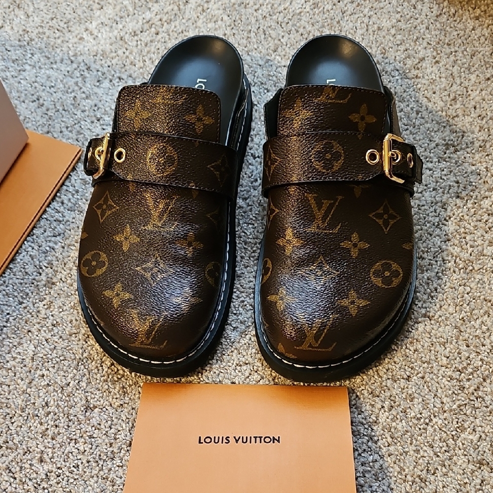 Louis Vuitton Brown and Gold Monogram Clogs